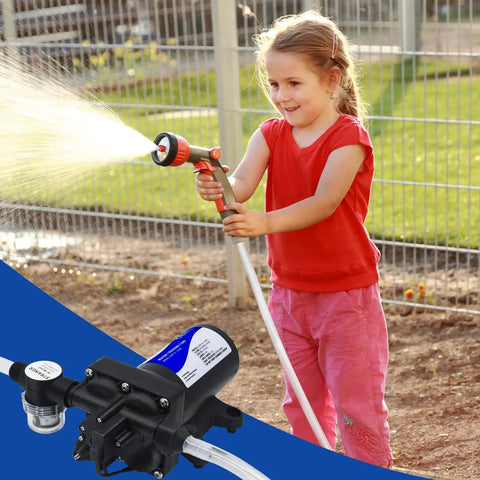 Child using Heavy Hitter 110V AC Water Pressure Booster Pump With Auto Switch Quiet Diaphragm Transfer Pump for garden watering.