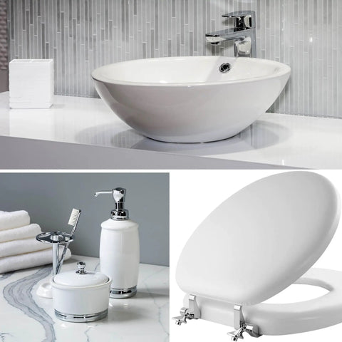 Padded Toilet Seat With Chrome Hinges, Soft Vinyl Over Wood Core, Round White, in bathroom setting with sink and accessories