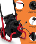 Auto Feed Electric Drain Cleaner Machine Delivers Heavy Duty Torque To Knock Out Thick Grease Clogs and Tree Roots Instantly For 3/8 Inch Drain Pipe Or 1 To 4 Inch Line Runs Nailed Every Time features retractable handle and directional control.