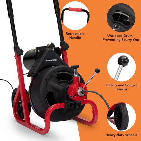 Auto Feed Electric Drain Cleaner Machine Delivers Heavy Duty Torque To Knock Out Thick Grease Clogs and Tree Roots Instantly For 3/8 Inch Drain Pipe Or 1 To 4 Inch Line Runs Nailed Every Time features retractable handle and directional control.
