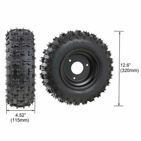 Side and front view of a 12.6-inch tire from Compact 29 Inch Go Kart Rolling Chassis Kit With Four 6 Inch Wheels For Diy Builds T8F Drive