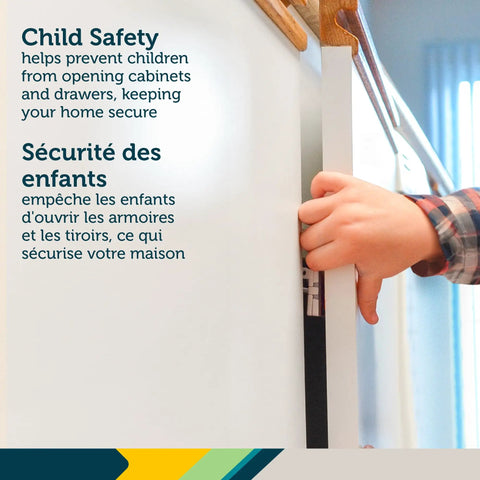 Child's hand attempting to open a cabinet door secured with an Adhesive Cabinet Latch Set 4 Piece For Childproofing White Peel And Stick Easy