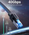 Cat 8 Ethernet Cable 3ft Flat High Speed 40Gbps 2000MHz 26AWG Braided Shielded Indoor LAN Cable showcased with speed indicators