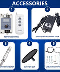 JQDML actuator accessories: remote control, speed regulator, big end connector, suction cup, and cables/tools (5 items).