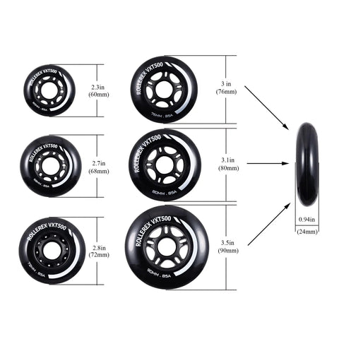 Multiple inline skate wheels in various sizes, 68mm - 90mm, highlighting Kids Inline Skate Wheels 68mm 85A 2 Pack With Bearings Spacers.