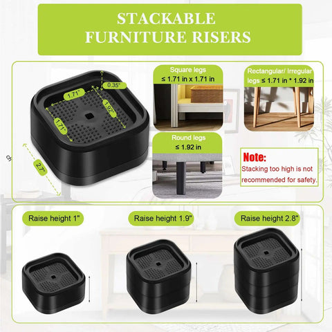 Infographic of Four Pack Heavy Duty Adjustable Bed Risers 1 2 3 Inch Square Stackable Furniture Lifts dimensions and uses