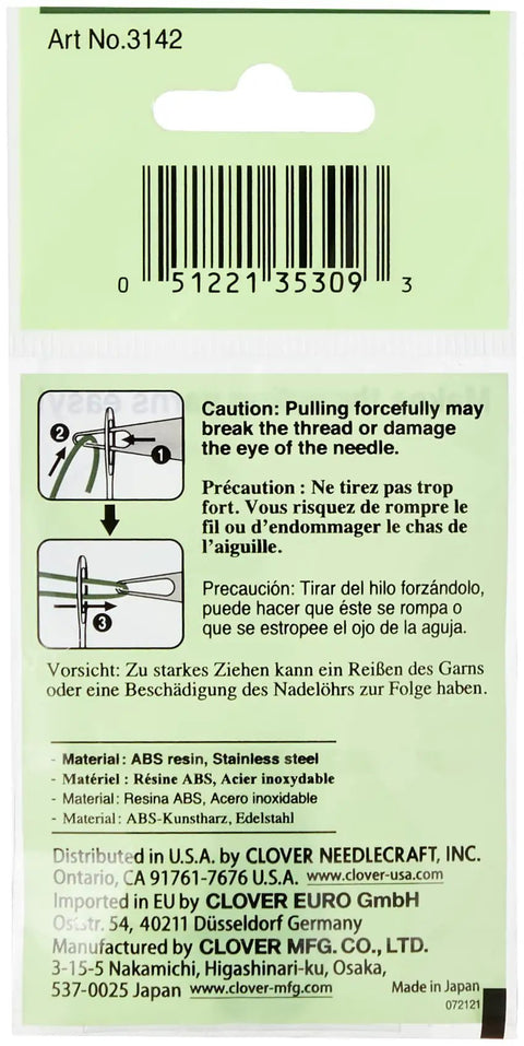 Packaging back for Clover 3142 yarn needle threader, showing usage instructions and material details.