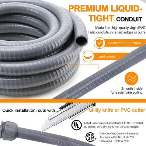 Flexible 1 Inch Liquid Tight Electrical Conduit Kit 50 Foot Non Metallic PVC With 5 Straight And 3 Angled Fittings Corrosion Resistant Indoor Outdoor Wiring Conduit For Safe Quick Install