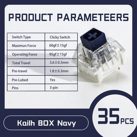 Kailh 35pcs Box Navy Clicky Mechanical Keyboard Switches, 3-Pin 95gf Pre-Lubed Heavy Force Switches For Custom Keyboards, Bold Tactile Click With Smooth Actuation Right Out Of The Box.