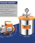 BACOENG 3-gallon vacuum chamber with tempered glass lid, stainless steel body, gauge; orange vacuum pump beside it.