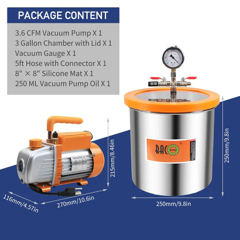 BACOENG 3-gallon vacuum chamber with tempered glass lid, stainless steel body, gauge; orange vacuum pump beside it.