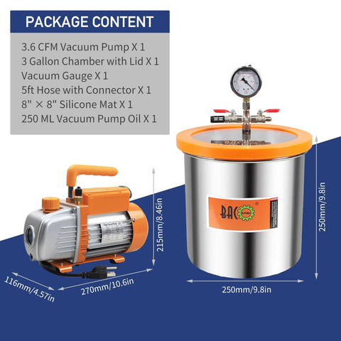 Top Shelf Quality Pro Level 3 Gallon Vacuum Chamber Kit With Smooth 3.6 CFM Single Stage Pump And Heavy Duty Acrylic Lid For Epoxy Resin Work Complete Setup For Crafting And Maker Enthusiasts with vacuum gauge.