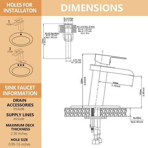 Diagram showing dimensions for Waterfall Matte Black Bathroom Faucet With Single Handle Fits 1 Or 3 Hole Sinks Includes Pop Up Drain