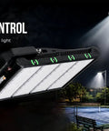 Badass 1000W LED Stadium Flood Light Featuring Rock Solid Aluminum Housing And DLC Certified Seoul LED Modules For Tough Outdoor Parking Lots And Industrial Work Sites Built Like A Tank For High Performance Ground Mount Lighting with adjustable panels.