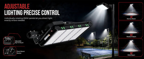 Badass 1000W LED Stadium Flood Light Featuring Rock Solid Aluminum Housing And DLC Certified Seoul LED Modules For Tough Outdoor Parking Lots And Industrial Work Sites Built Like A Tank For High Performance Ground Mount Lighting with adjustable panels.