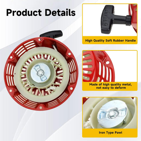 GX270 Pull Start Recoil Starter Assembly with soft rubber handle and iron type pawl for GX240 GX270 engines, shown in red metal housing