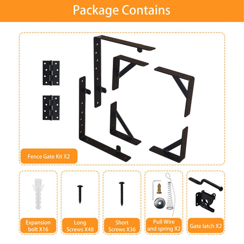 Anti Sag Fence Gate Kit Heavy Duty Gate Hardware With Latch Set showing components including corner braces and screws.