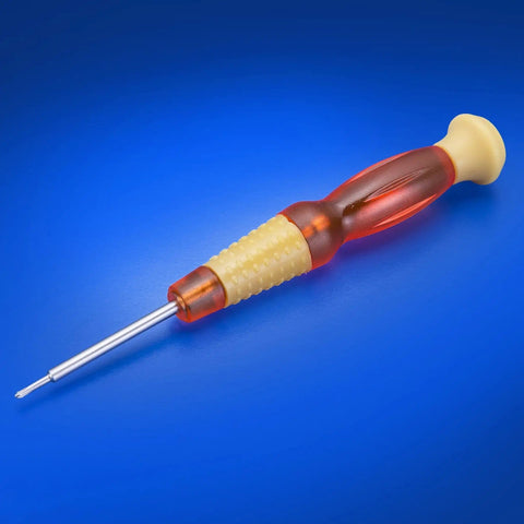 Precision screwdriver with ergonomic handle on blue background