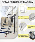 Dang Sturdy Six Step Rolling Ladder Easy Roll Mobility Non Slip Alloy Steel Climbing Platform For Warehouse Garage Library Shelving Heavy Duty Walking Rack White 880 Lb Weight displayed with guardrails and lockable casters.