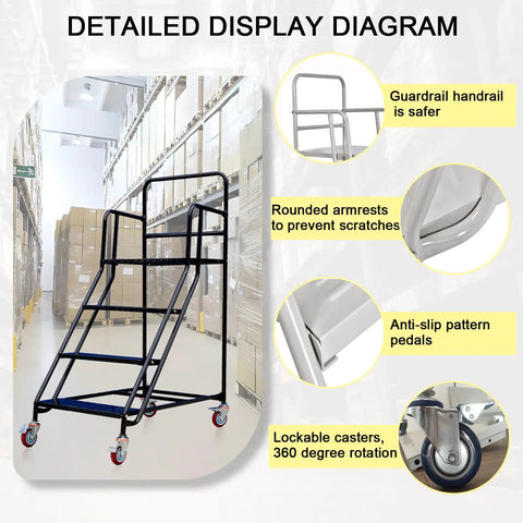 Dang Sturdy Six Step Rolling Ladder Easy Roll Mobility Non Slip Alloy Steel Climbing Platform For Warehouse Garage Library Shelving Heavy Duty Walking Rack White 880 Lb Weight displayed with guardrails and lockable casters.