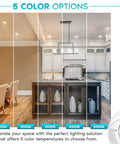 Gimbal LED Recessed Lighting Can Lights 5/6 Inch, five color temperatures in a kitchen setting, 2700K to 5000K display