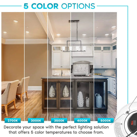Sleek 5 And 6 Inch Gimbal LED Recessed Can Lights 16 Pack Switchable Color Temperatures 2700K To 5000K 11W Equals 90W Equivalent Super Bright ceiling fixtures showcasing 5 color options in a modern kitchen.