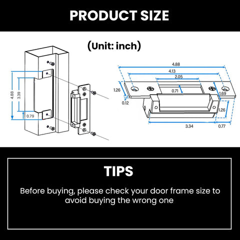 Real Deal Heavy Duty Electric Door Strike Lock With Reinforced Lock Body And Thick Stainless Base For Rock Solid 12V Access Control Security And No Shake Mounting In Black product size diagram with dimensions in inches.