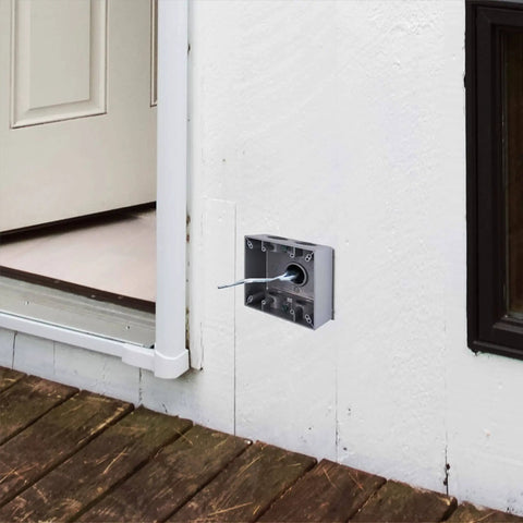 2 Gang Weatherproof Deep Box For Outdoor Electrical Wiring With Five 1 Inch Threaded Outlets Gray Rugged Outdoor Junction Box installed on wall