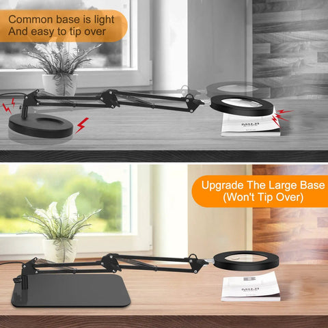 Comparative image of 2 In 1 Magnifying Lamp With Light And Clamp, 5X And 10X Magnifier showing tip-over vs stable base scenarios.