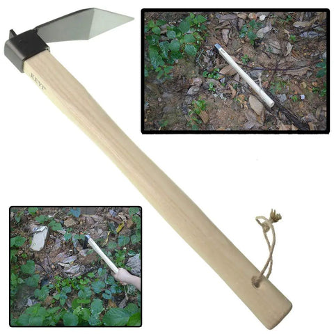 Carbon Steel Hand Mattock Pick for Gardening and Farming, heavy-duty forged blade with angled edge shown in use breaking soil