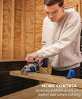 User using 20V Ionic Drive 4 1/2 Inch Circular Saw Bare Tool Pro Grade Power with brushless motor and auxiliary handle for control.