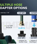 Hose adapter options for Automatic Submersible Pool Cover Pump 110V One Quarter HP 2800 GPH with 1/2" and 3/4" fittings.