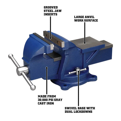 General Purpose 5 Inch Bench Vise With 4 Inch Opening And 120 Degree Swivel Base Heavy Duty Cast Iron Thirty Thousand PSI Replaceable Serrated Jaws Large Anvil Surface Ideal For Garage Projects And Everyday Shop Jobs showing components and labels.