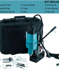 Zinnore 1800w Magnetic Drill Press With Heavy Duty Base and Powerful Torque for Portable Metal Working Tasks, shown with accessories and case.