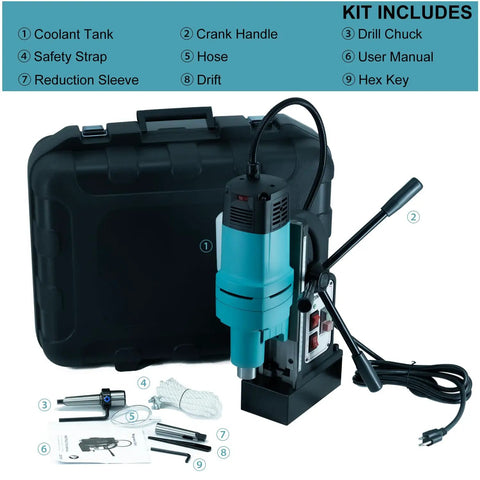 Zinnore 1800w Magnetic Drill Press With Heavy Duty Base and Powerful Torque for Portable Metal Working Tasks, shown with accessories and case.