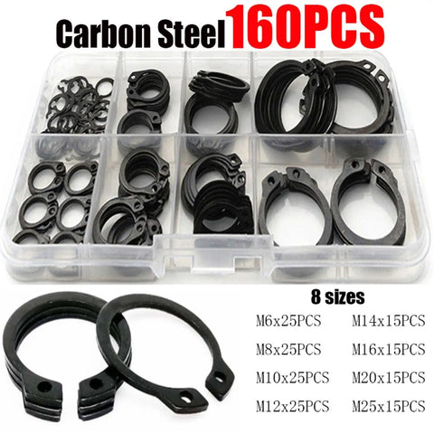 160-piece carbon steel retaining rings kit with C clip washers, internal circlips M6 to M25 in organizer box for DIY projects