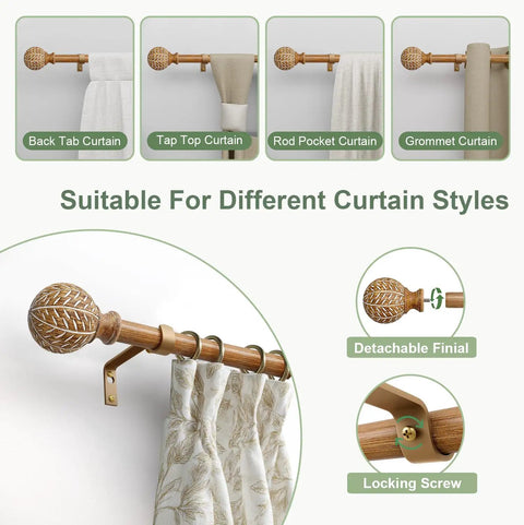 Imitation Wood Grain Leaf Pattern Curtain Rods Set 1 Inch Diameter Adjustable Heavy Duty Boho Drapery Rods for 48 to 84 Inch Windows