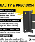 Diagram of Black Solar Panel Z Bracket Mount Kit for RVs Trailers Vans Campers Boats and Homes Lightweight Anodized Aluminum Mounting Brackets Roof Or Wall Mount Set Of 4, highlighting aluminum Z brackets and stainless hardware features.
