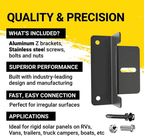 Diagram of Black Solar Panel Z Bracket Mount Kit for RVs Trailers Vans Campers Boats and Homes Lightweight Anodized Aluminum Mounting Brackets Roof Or Wall Mount Set Of 4, highlighting aluminum Z brackets and stainless hardware features.