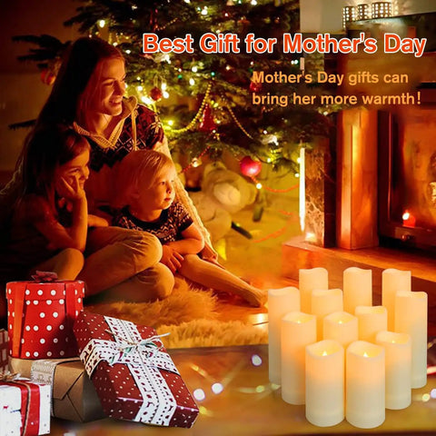 Flameless Flickering LED Candles Set Of 12 Ivory Plastic Pillars With Remote And Timer for cozy Mother's Day celebration by fireplace.