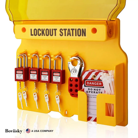 Heavy Duty Lockout Tagout Station Kit With 7 Safety Padlocks, 2 Hasps, 30 Lockout Tags, 35 Nylon Ties on yellow station