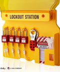 Lockout Tagout Station With Cover And 10 Pack Safety Padlocks Keyed Different Grab And Go Wall Mountable LOTO Kit Storage Board For Industrial Safety Compliance Standards, image of yellow wall-mounted station with padlocks and tags.