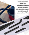 One And A Quarter Inch Micro Cleaning Wet Dry Vac Nozzle Kit With Cone Adapter And Six Attachments for compact shop vacuums, shown with tools