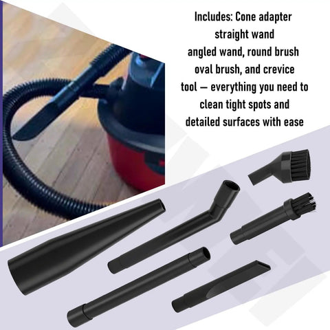 One And A Quarter Inch Micro Cleaning Wet Dry Vac Nozzle Kit With Cone Adapter And Six Attachments for compact shop vacuums, shown with tools