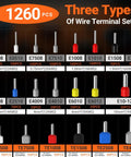 1260 piece wire terminal sets for Ferrule Crimping Tool Kit With Portable Case, various sizes and colors, AWG labels visible.