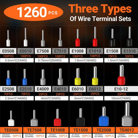 1260 piece wire terminal sets for Ferrule Crimping Tool Kit With Portable Case, various sizes and colors, AWG labels visible.