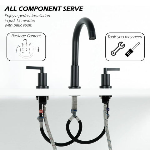 Matte Black Widespread 3-Hole Bathroom Faucet With Dual Handles, image showing install components, hoses, ideal for DIY.