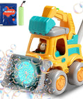 Yellow rechargeable bubble machine lawn mower toy for toddlers with bubbles and LED lights, includes bubble solution and battery.