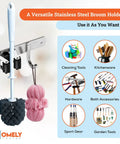 Heavy Duty Wall Mount Broom And Mop Holder With 3 Tier Racks And 4 Hooks 17 Inch Stainless Steel Organizer For Garage Kitchen And Laundry Ultimate Clutter Busting Tool Hanger To Maximize Wall Space displayed with cleaning tools around it.
