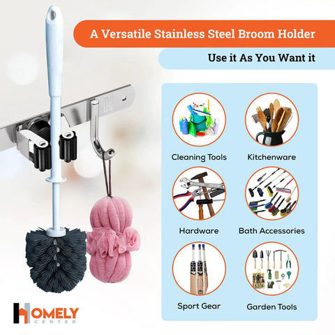 Heavy Duty Wall Mount Broom And Mop Holder With 3 Tier Racks And 4 Hooks 17 Inch Stainless Steel Organizer For Garage Kitchen And Laundry Ultimate Clutter Busting Tool Hanger To Maximize Wall Space displayed with cleaning tools around it.